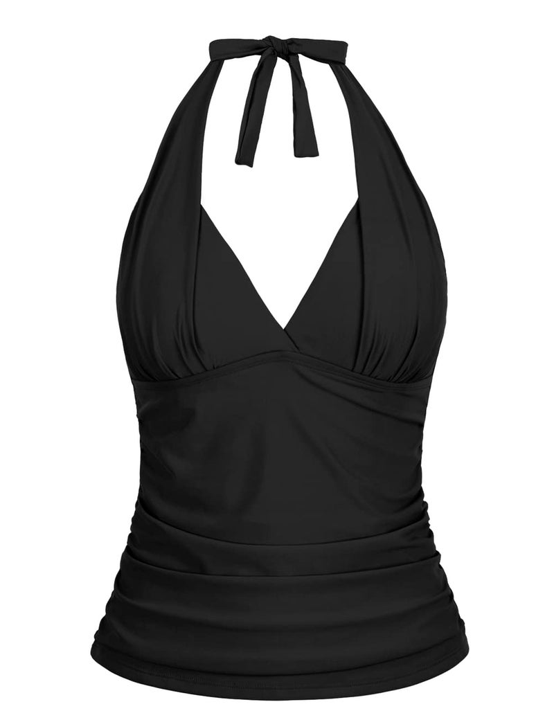 Hilor Women's Plunging V Neck Halter Swim Tops Shirred Tankini Top New Version Black 14 - Image 1